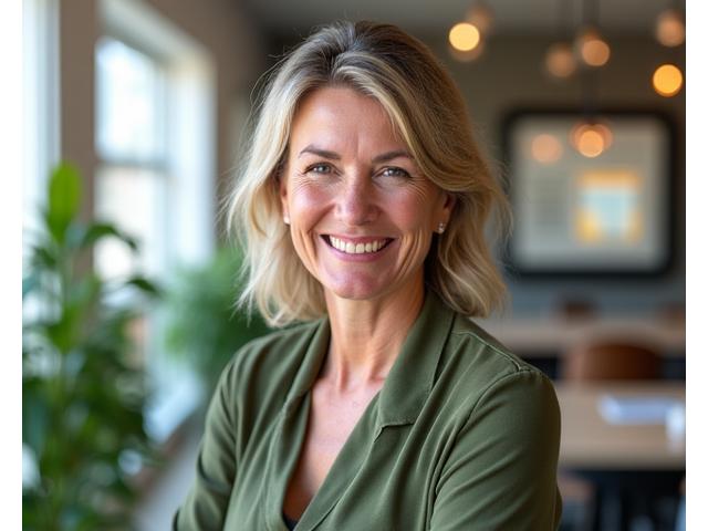Photo of Grove Wisdom's founder, Sarah Jenkins, a vibrant woman in her 40s, smiling warmly in a light-filled, modern office with subtle natural elements, representing accessible digital wellness solutions for adults 35+.