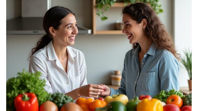 Dietitian advising on healthy eating with fresh vegetables