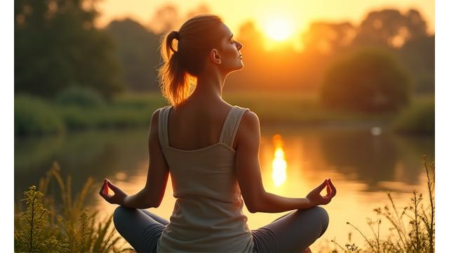Person meditating calmly outdoors, signifying stress management