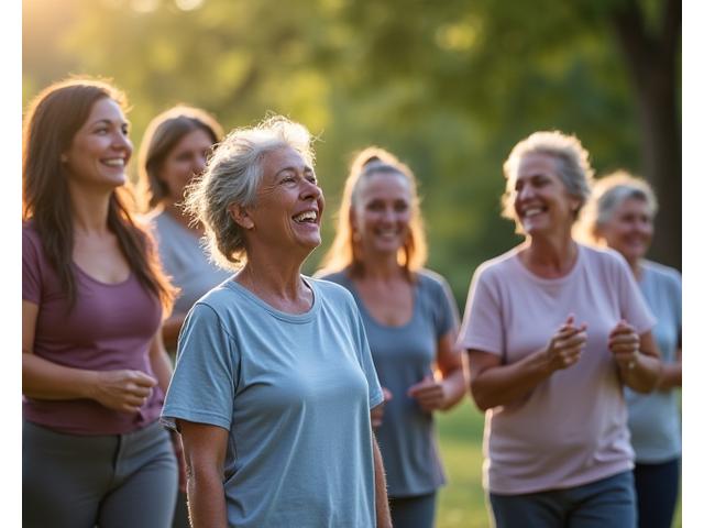 Diverse group of adults laughing and engaging in an outdoor community wellness activity