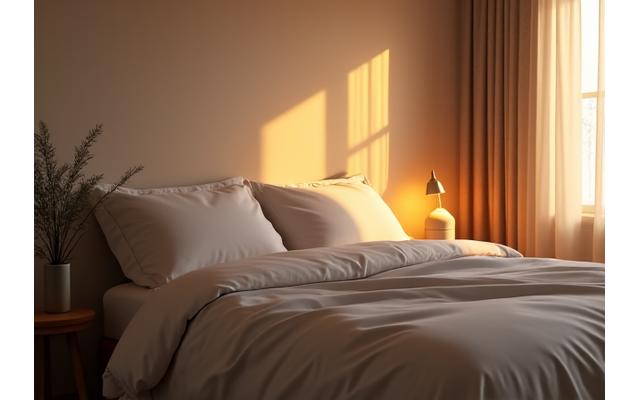 Peaceful bedroom scene with soft lighting, symbolizing good sleep hygiene
