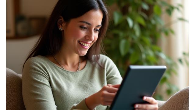 Woman thoughtfully reading a health blog on a tablet amidst natural light