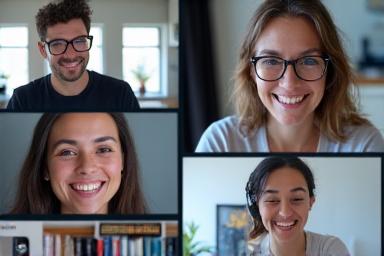 Group of diverse adults participating in a virtual wellness challenge, smiling and connected.