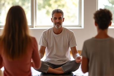 Adults participating in a relaxing wellness workshop, possibly meditation or gentle stretching, in a bright, inviting space.