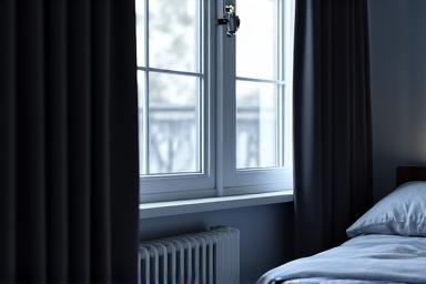 Blackout curtains drawn in a bedroom with a quiet air purifier running.