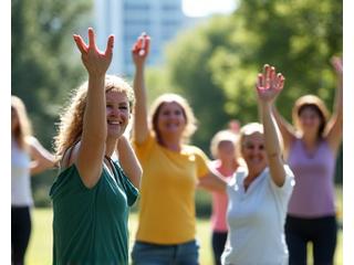 A diverse group of adults participating in an outdoor yoga session in a Charlotte park, demonstrating fitness for busy schedules, vibrant and active.