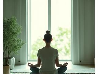 A serene woman meditating by a sunlit window in a minimalist, calm room, emphasizing stress reduction and mindfulness.