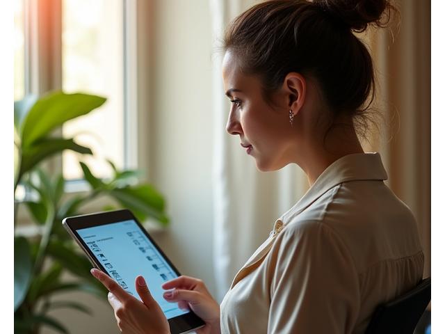 Woman thoughtfully interacting with a digital wellness assessment on a tablet, with natural light and a green plant in the background, symbolizing growth and personalized insight.
