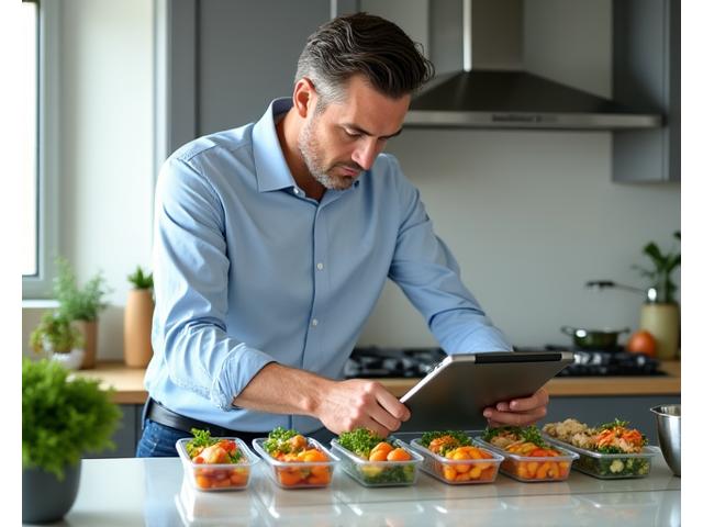 A busy professional in a modern kitchen efficiently preparing healthy meals in containers for the week, showcasing convenience and organization, perfect for nutrition planning.