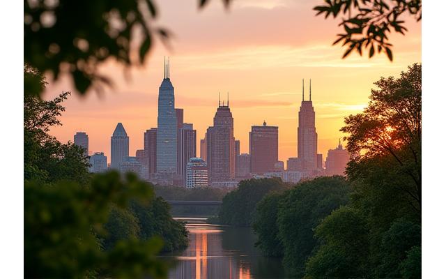 Charlotte city skyline with a peaceful, natural foreground, bridging tech and nature