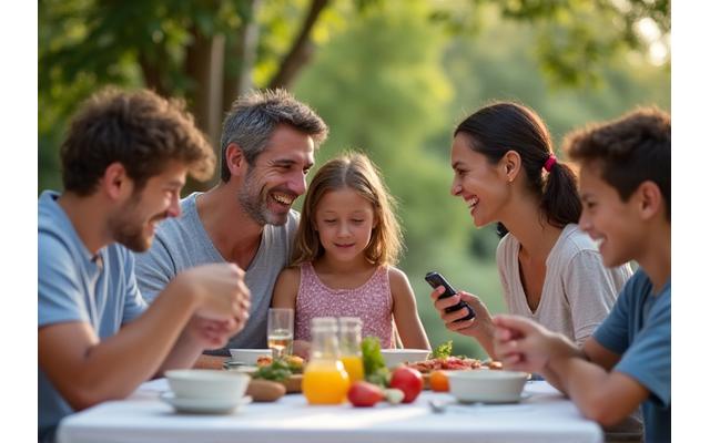 Happy family interacting without devices during a meal, fostering connection