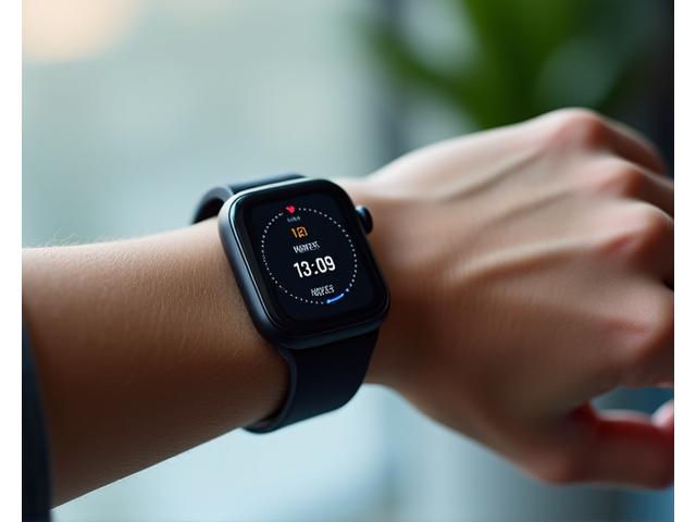 A close-up of a wrist with a modern health monitoring smartwatch, displaying vital signs data, set in a clean, contemporary environment.
