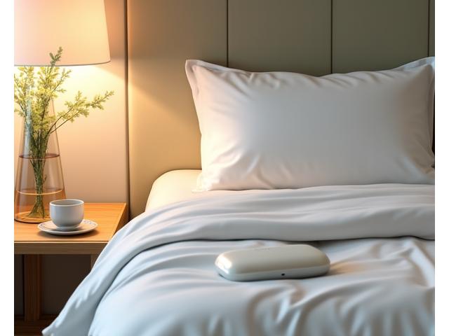 A serene bedroom scene with soft lighting, premium pillows, and a discreet sleep tracking device on a bedside table, suggesting restful sleep.