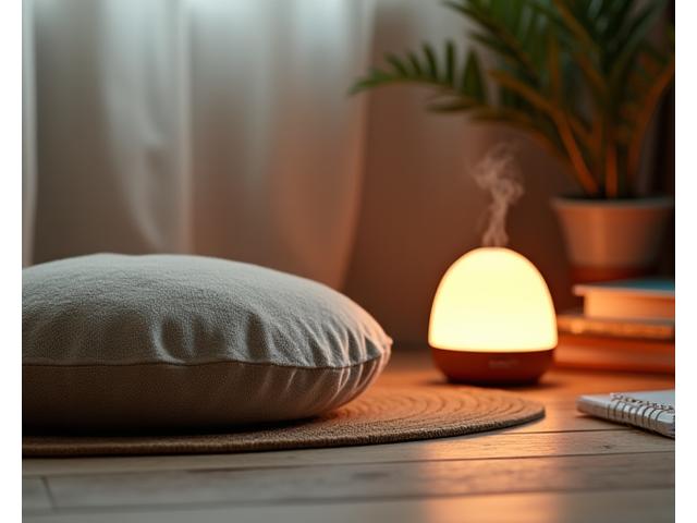 A calming scene featuring a meditation cushion, essential oil diffuser, and journaling supplies on a wooden surface, promoting stress relief and mindfulness.
